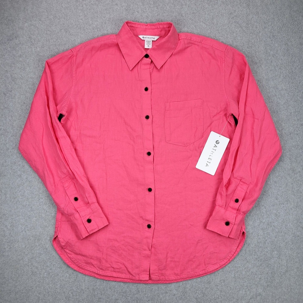 Athleta Retreat Linen Shirt Womens XS‎ Pink Button Down Long Sleeve Breathable
